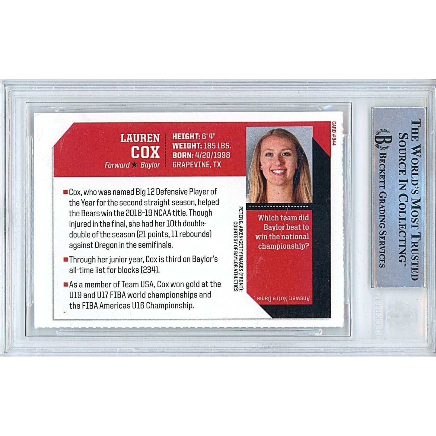 2019 SI for Kids — Lauren Cox Baylor Bears Autographed Slabbed Trading Card — Beckett Authentication