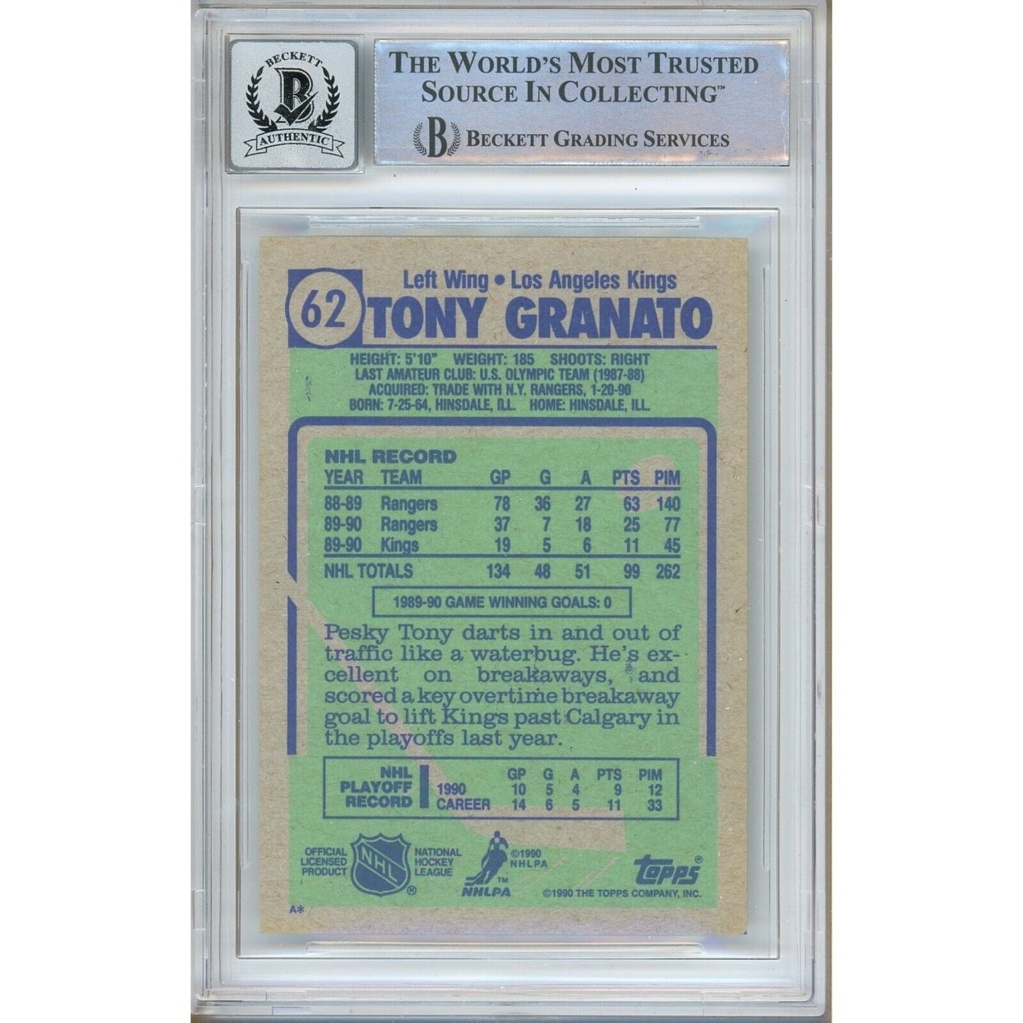 Tony Granato Los Angeles Kings Signed 1990-91 Topps Hockey Card BGS Auto 10 Graded