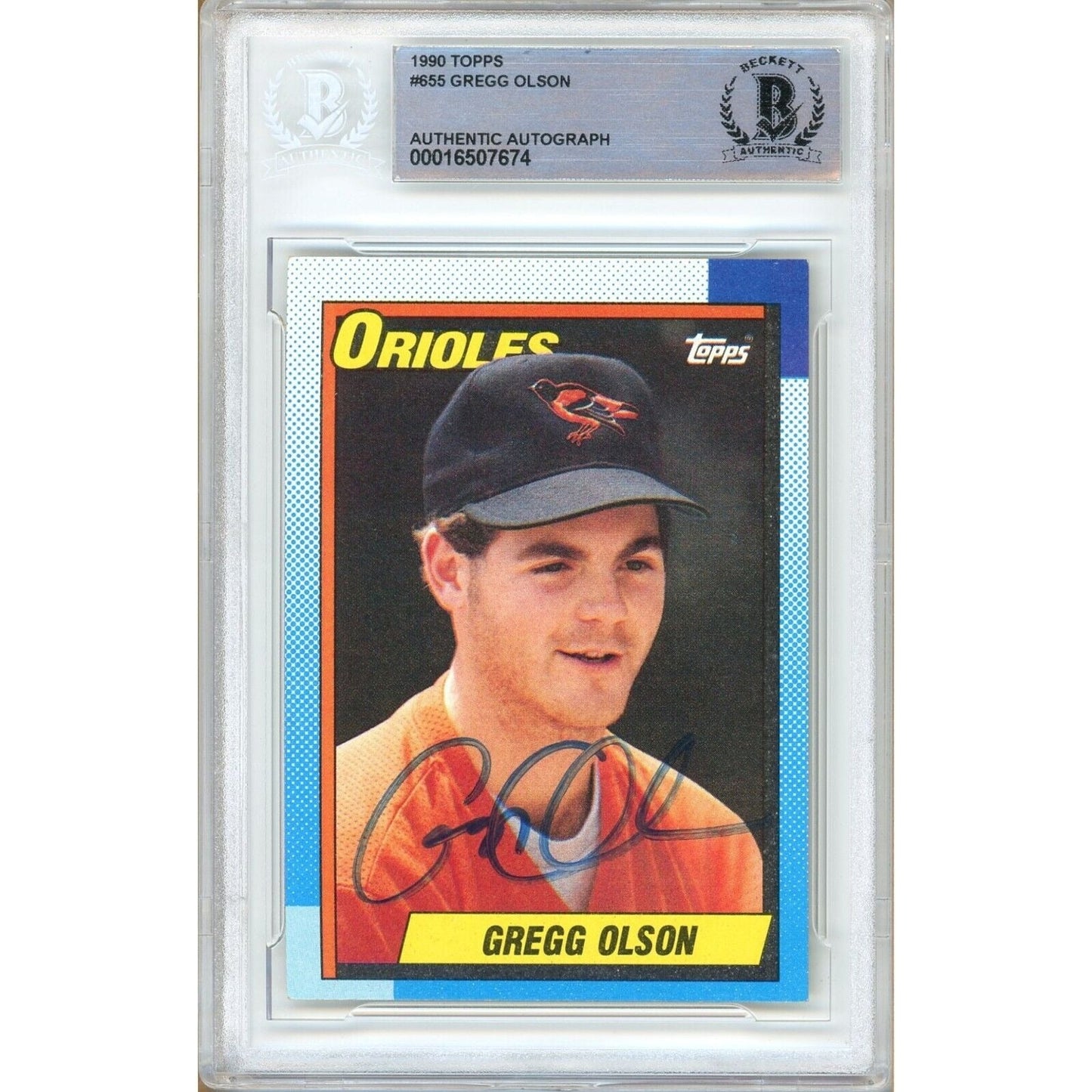1990 Topps #655 — Gregg Olson Baltimore Orioles Autographed Trading Card — Beckett Authentication