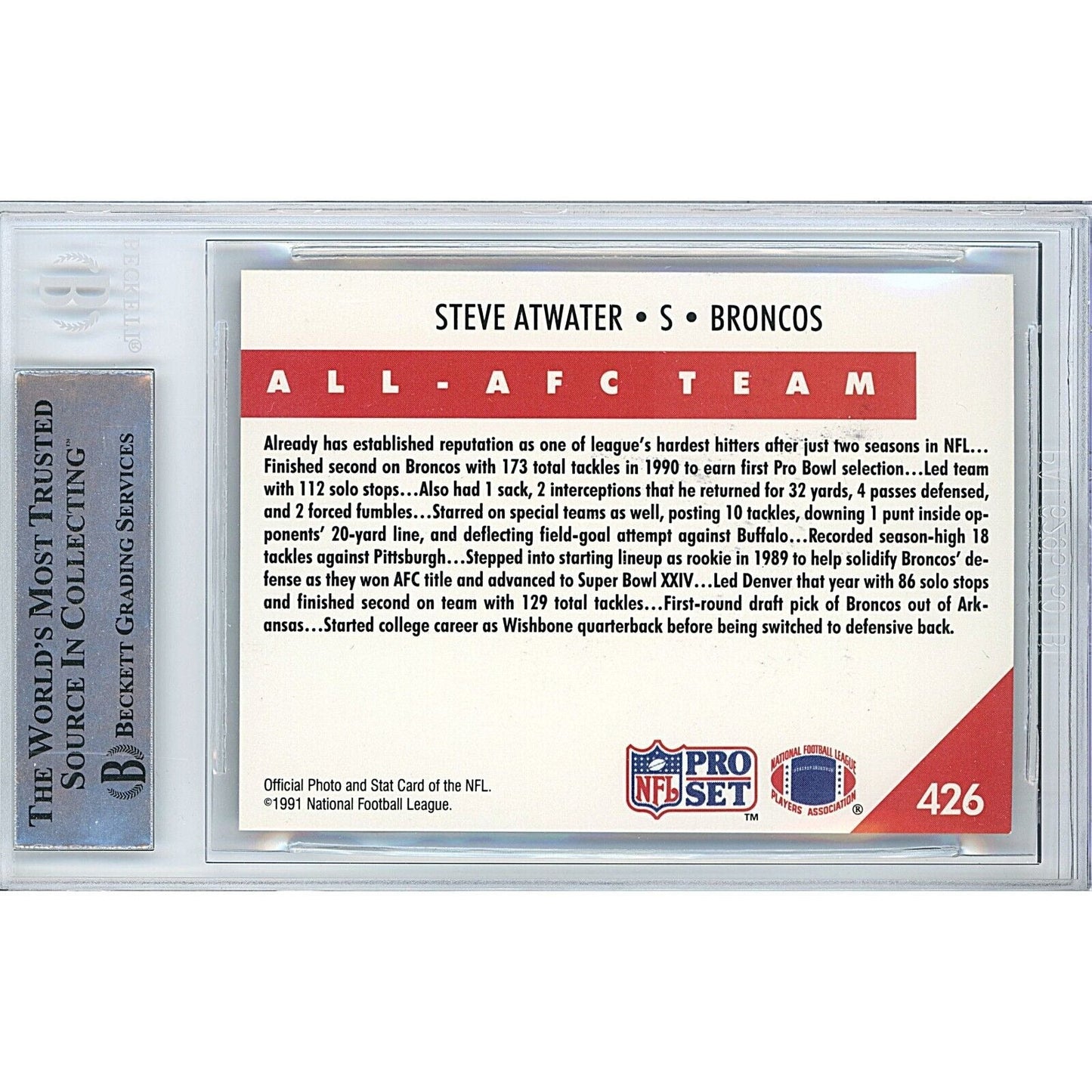 Steve Atwater Denver Broncos Signed 1991 NFL Pro Set Card Beckett Authentic Auto Slab