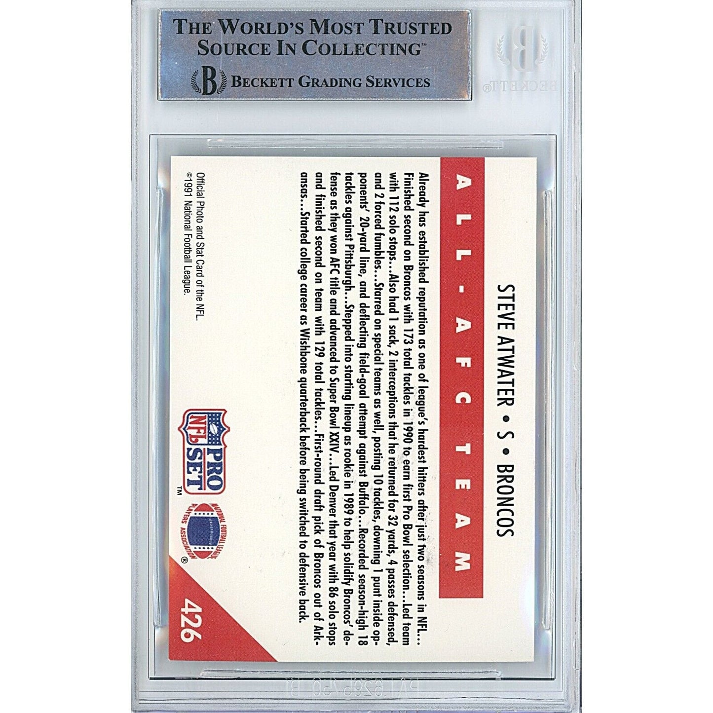 Steve Atwater Denver Broncos Signed 1991 NFL Pro Set Card Beckett Authentic Auto Slab