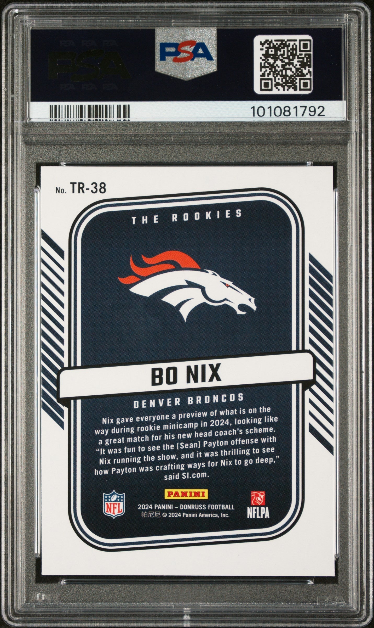Graded 2024 Panini Donruss Bo Nix #TR38 The Rookies Rookie RC Football Card PSA 10 Gem Mint