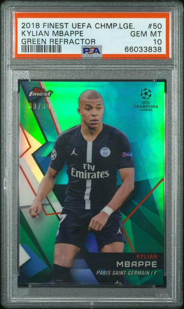 Graded 2018 Topps Finest UCL Kylian Mbappe #50 Green Refractor /99 Soccer Card PSA 10 Gem Mint - Sport Cards