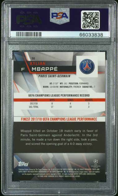 Graded 2018 Topps Finest UCL Kylian Mbappe #50 Green Refractor /99 Soccer Card PSA 10 Gem Mint - Sport Cards