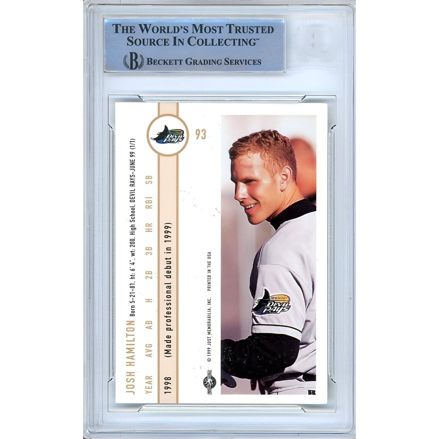 1999 Just Rookies #269 — Josh Hamilton Tampa Bay Rays Autographed Trading Card — Beckett Authentication