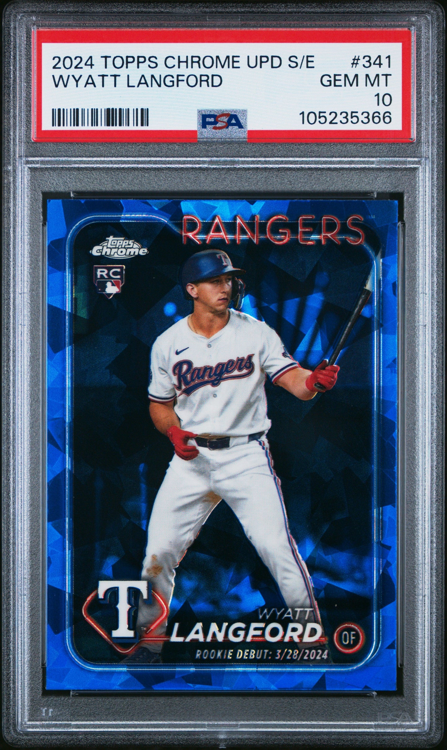 Graded 2024 Topps Chrome Update Sapphire Edition Wyatt Langford #341 Rookie RC Baseball Card PSA 10 Gem Mint