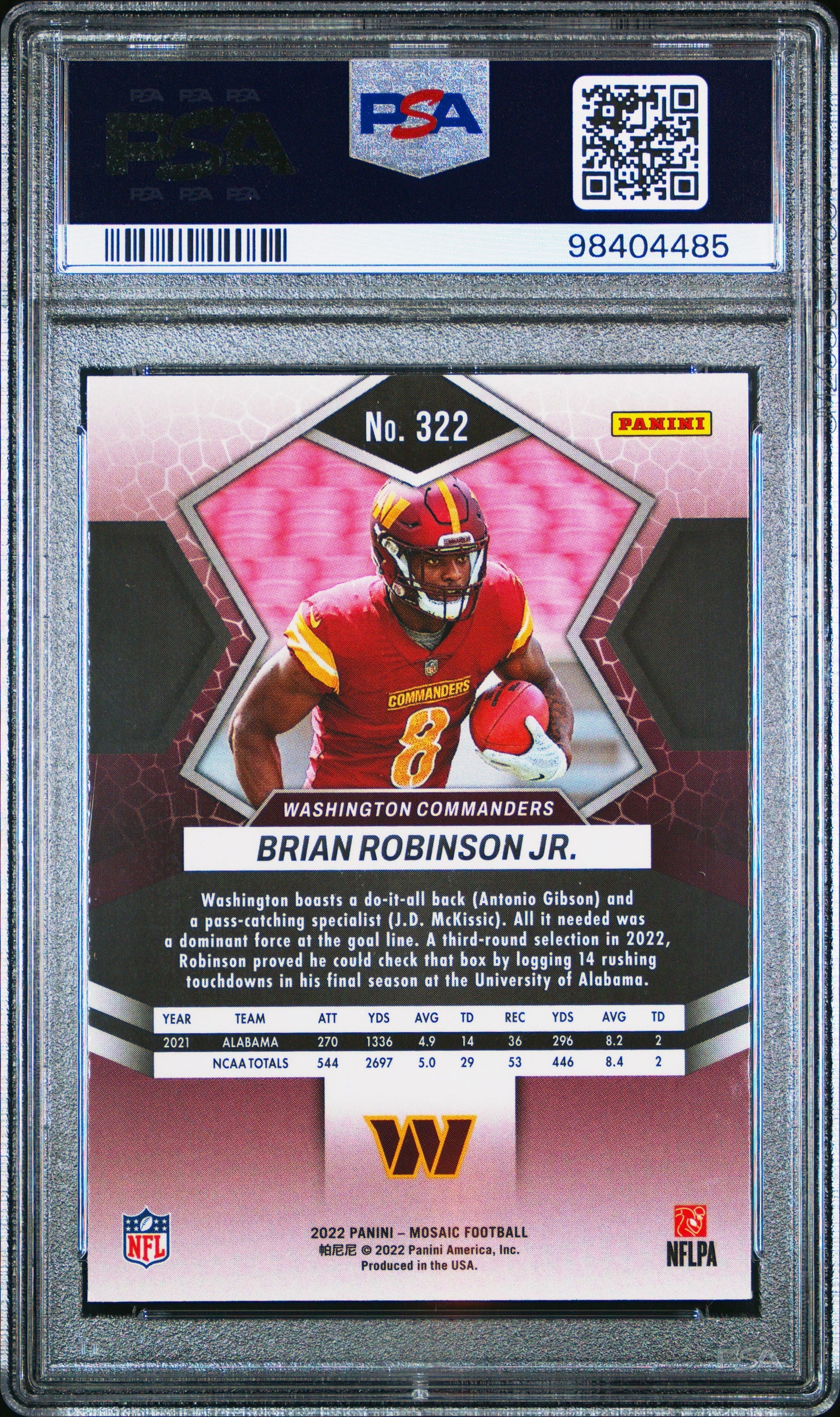 Graded 2022 Panini Mosaic Brian Robinson Jr #322 Rookie RC Football Card PSA 10 Gem Mint