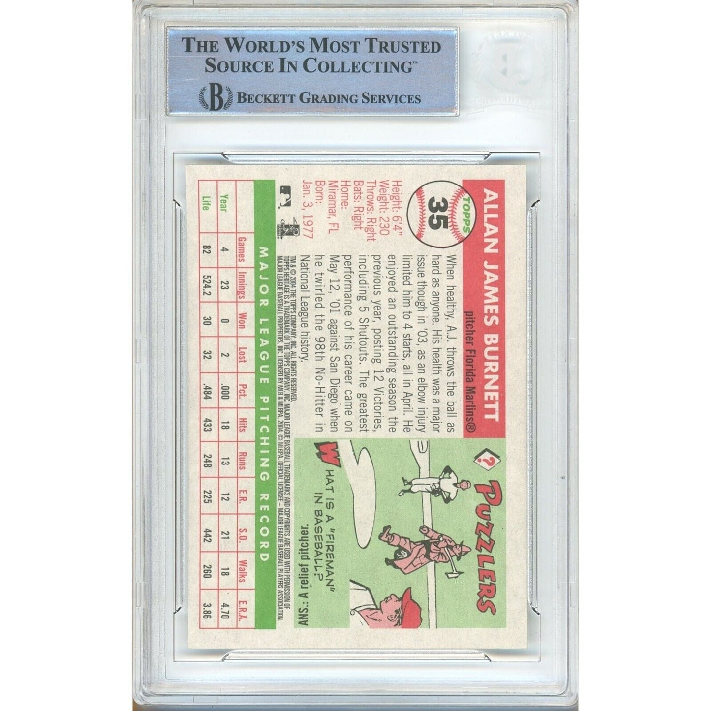 2004 Topps #35 — AJ Burnett Miami Marlins Autographed Trading Card — Beckett Authentication