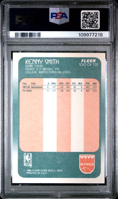 Graded 1988 Fleer Kenny "The Jet" Smith #100 Rookie RC Basketball Card PSA 9 Mint - Sport Cards