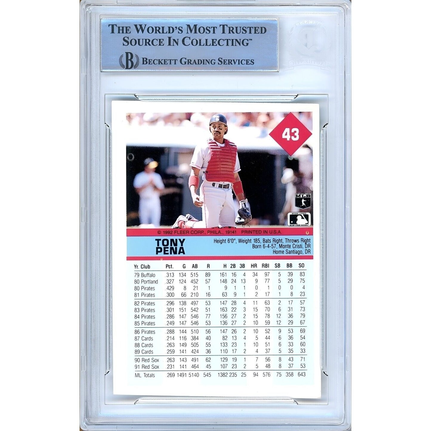 Tony Pena Boston Red Sox Signed 1992 Fleer Baseball Card Beckett Authentic Auto Slab