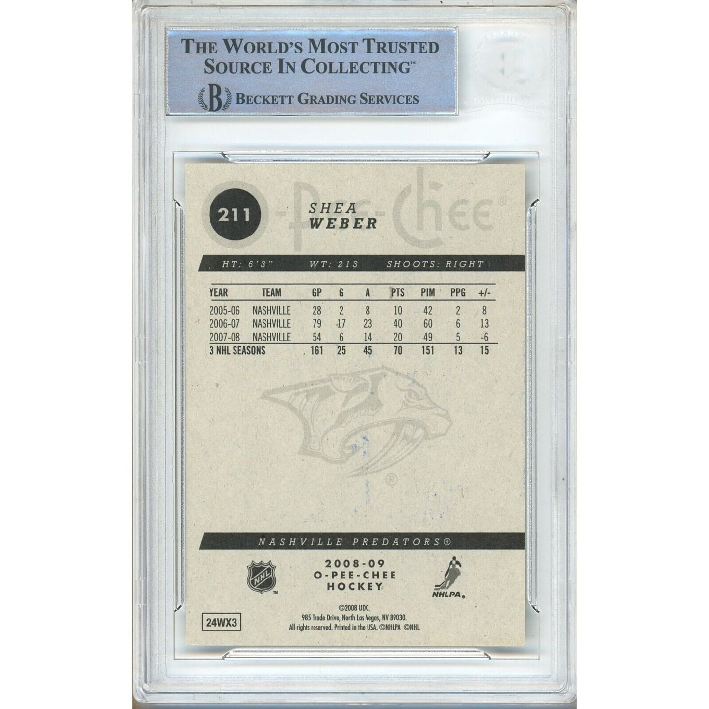 Shea Weber Nashville Predators Signed 2008-09 O-Pee-Chee Card Beckett Auth Auto Slab