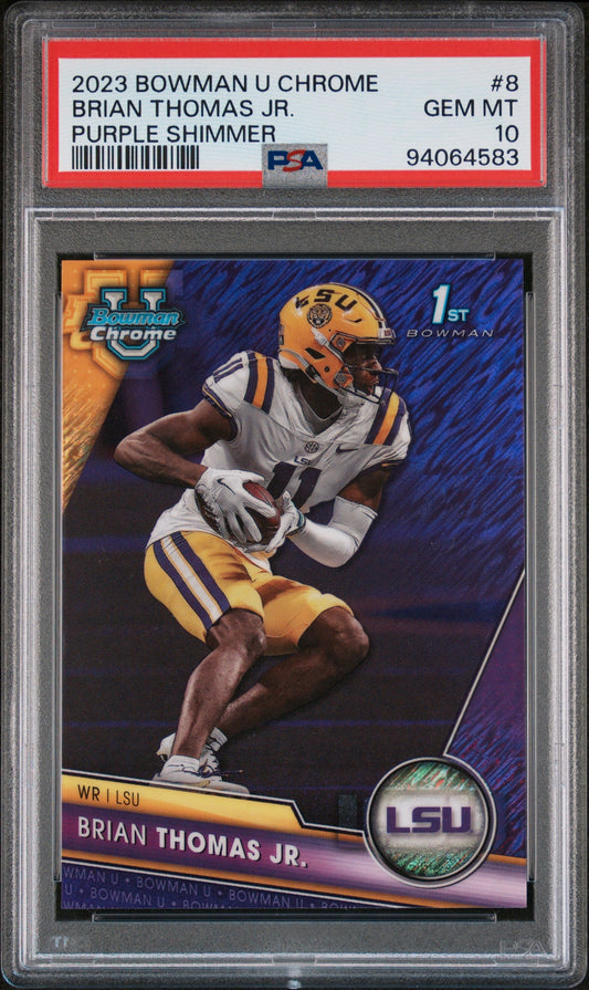 Graded 2023 Topps Bowman U Chrome Brian Thomas Jr #8 Purple Shimmer Rookie RC Football Card PSA 10 Gem Mint