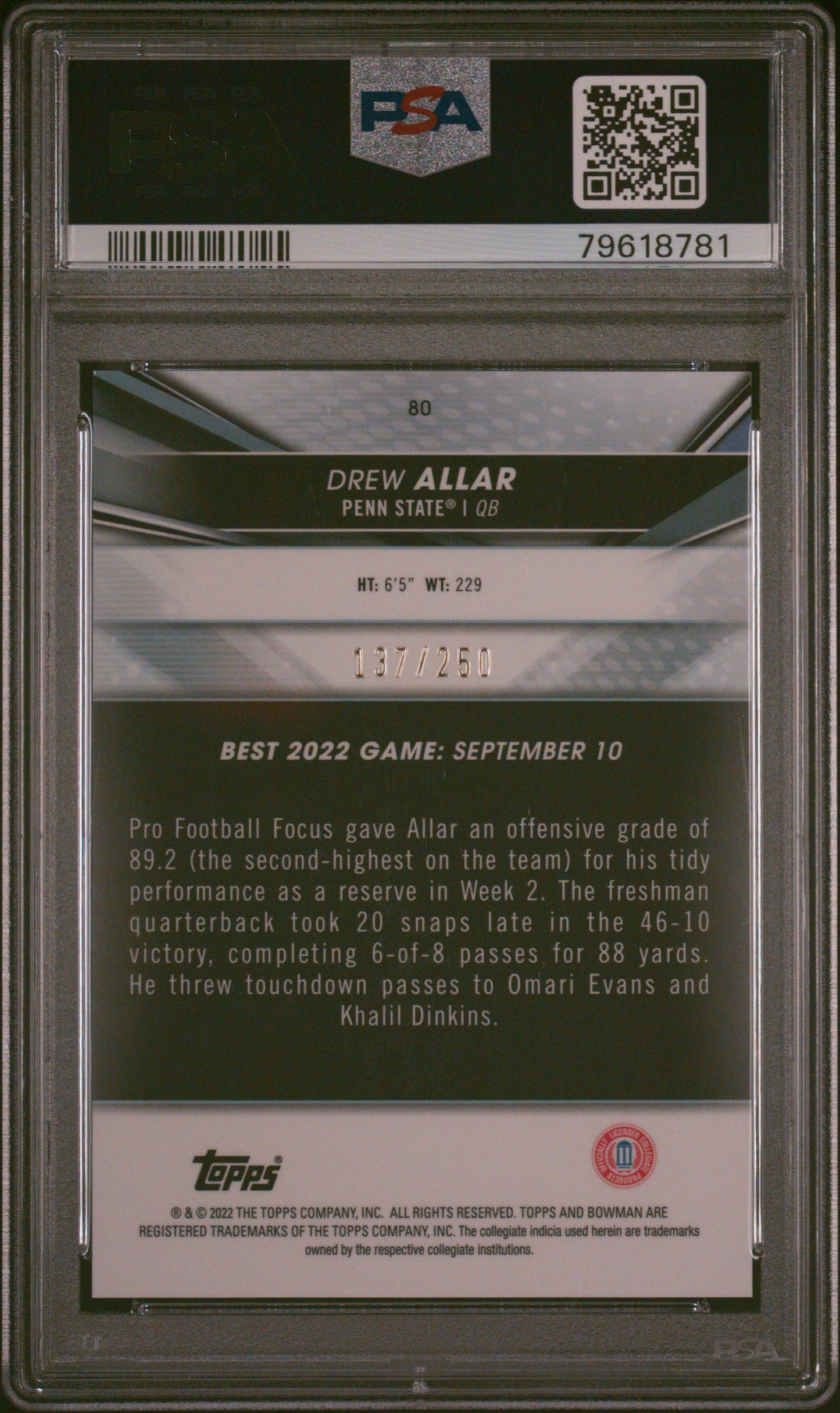 Graded 2022 Topps Bowman Best University Drew Allar #80 Purple Refractor #/250 Rookie RC Football Card PSA 10 Gem Mint - Sport Cards