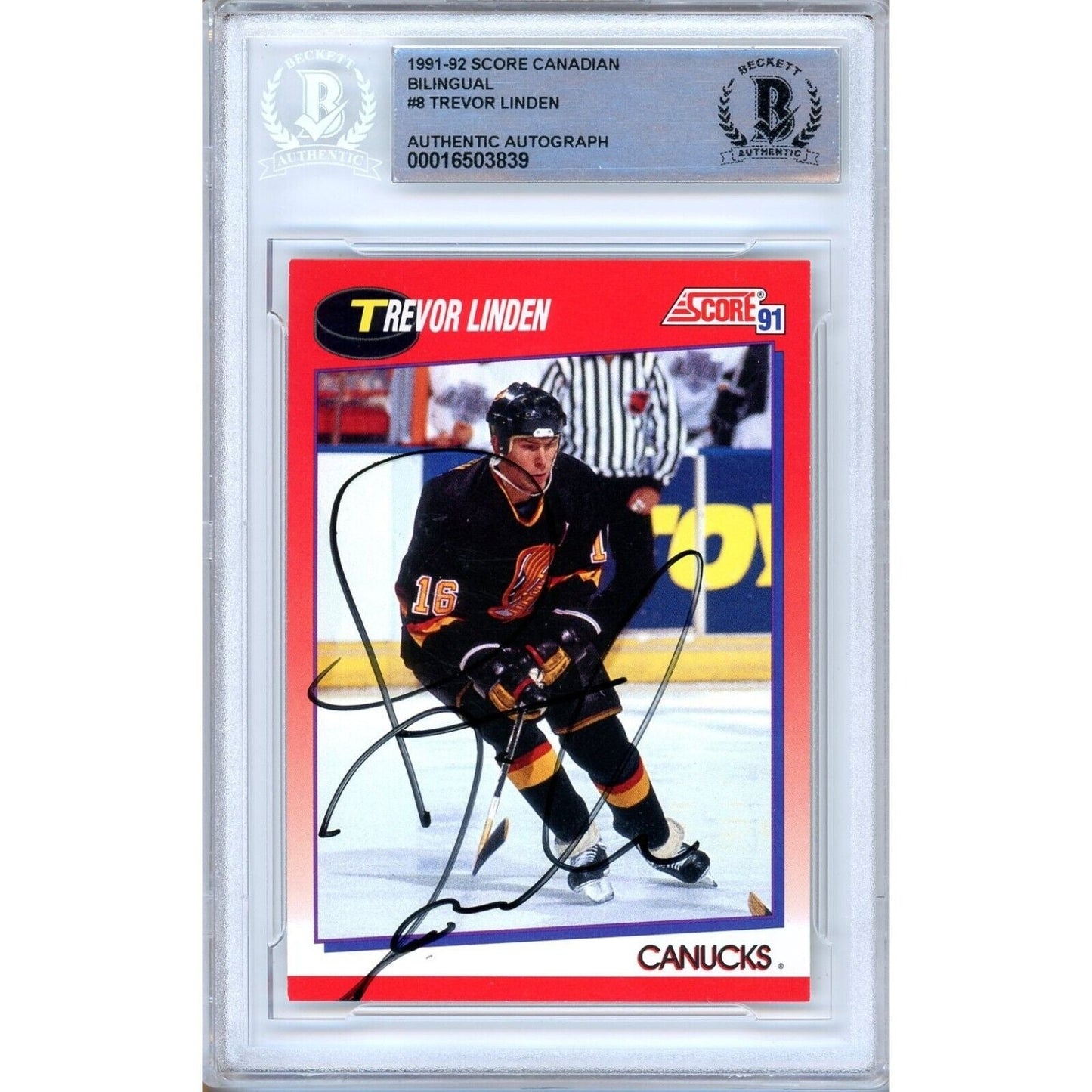 Trevor Linden Vancouver Canucks Signed 1991-92 Score Canadian Card Beckett Auth Auto
