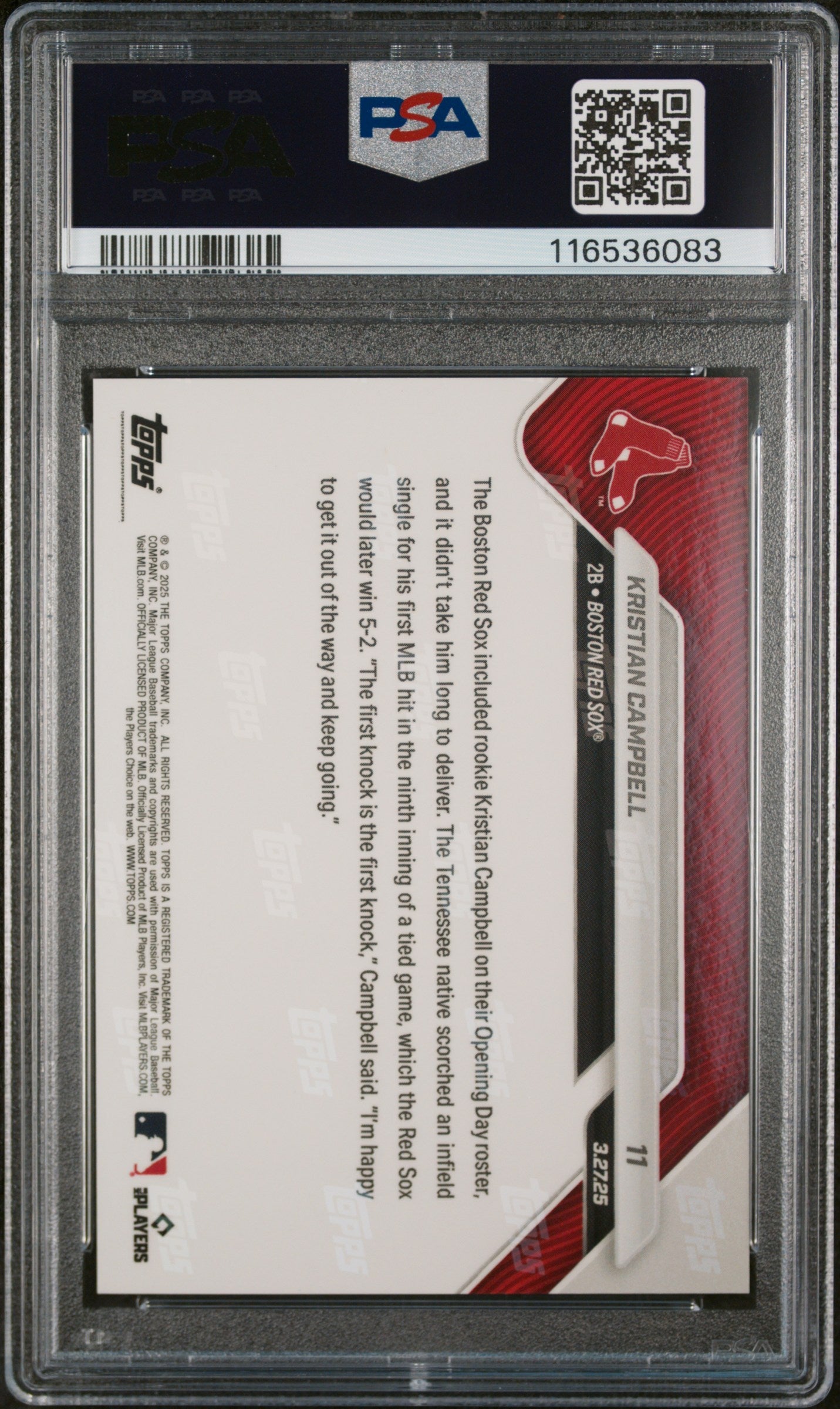 Graded 2025 Topps Now Kristian Campbell #11 Rookie RC Baseball Card PSA 9 Mint