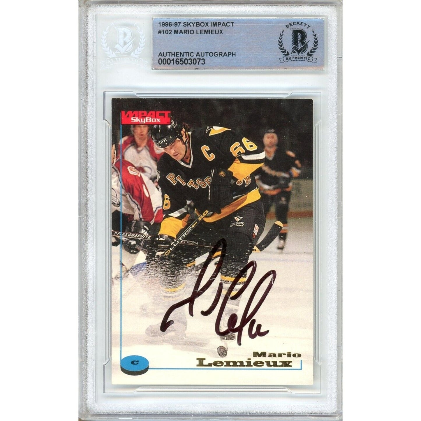 Mario Lemieux Pittsburgh Penguins Signed 1996-97 Skybox Impact Card Beckett Auth Auto