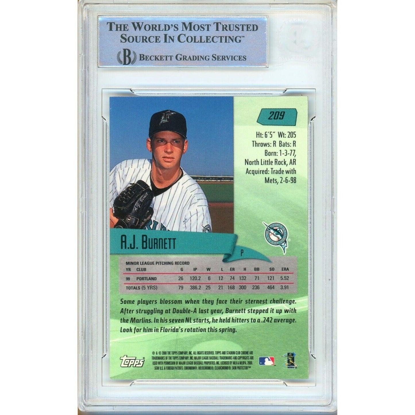 2000 Topps Stadium Club #209 — AJ Burnett Miami Marlins Autographed Trading Card — Beckett Authentication