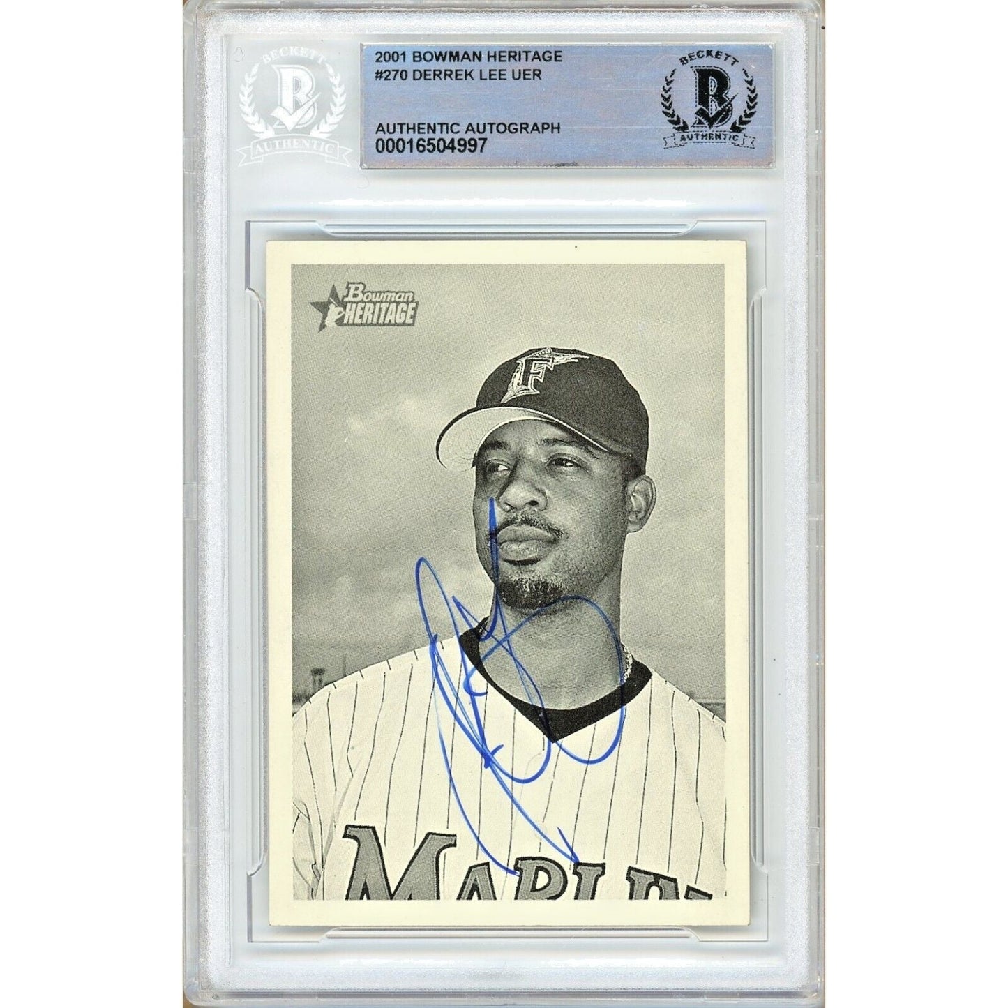 2001 Bowman Heritage #270 — Derrek Lee Miami Marlins Autographed Trading Card — Beckett Authentication