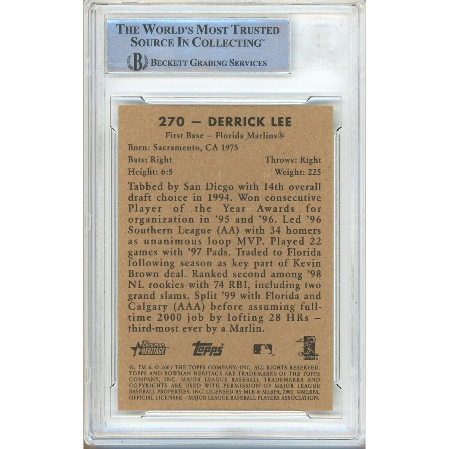 2001 Bowman Heritage #270 — Derrek Lee Miami Marlins Autographed Trading Card — Beckett Authentication