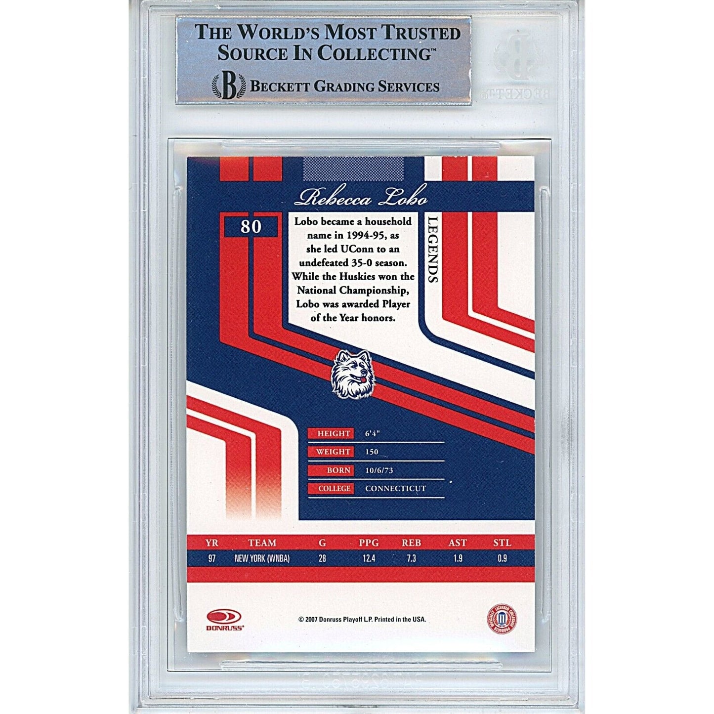 Rebecca Lobo UConn Huskies Signed 2007 Donruss NCAA Basketball Card Beckett Slab