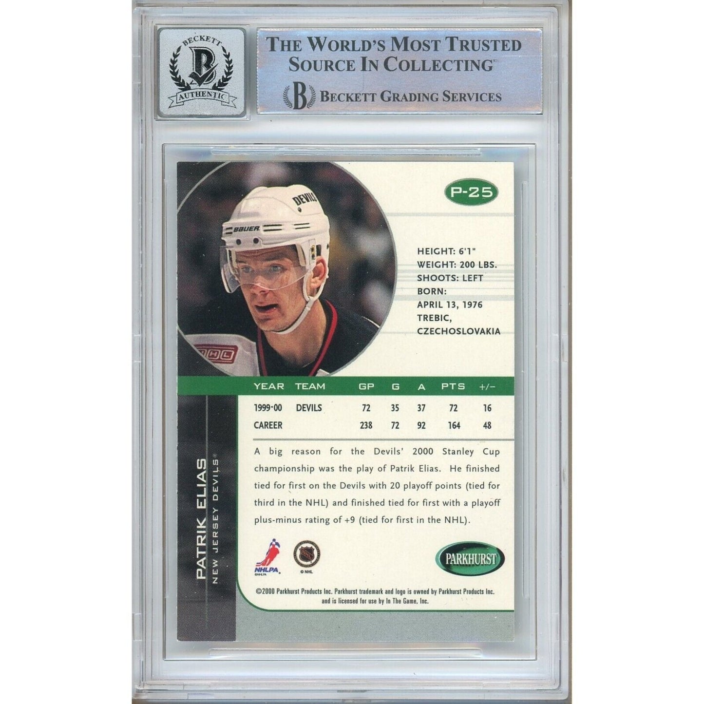Patrik Elias New Jersey Devils Signed 2000 BAP Parkhurst Card BGS Auto 10 Graded Slab