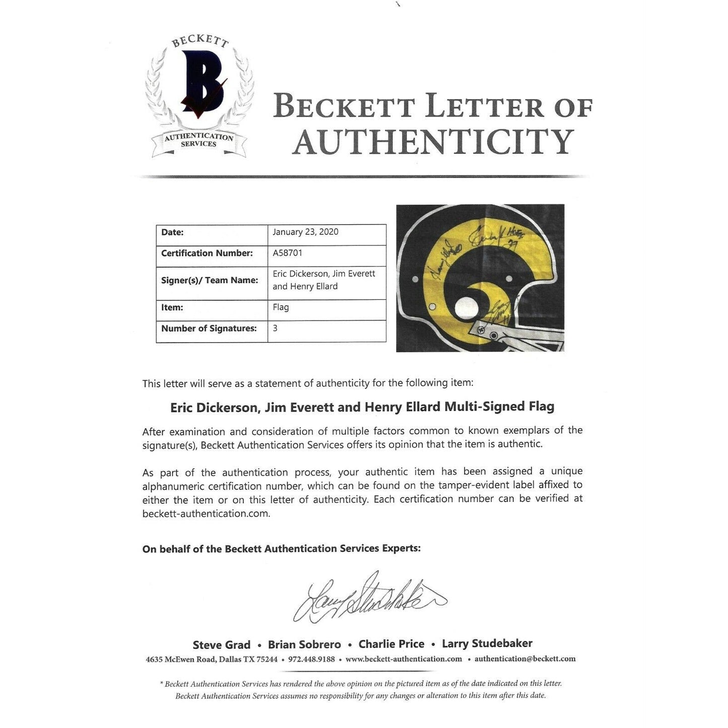 LA Rams Legends Autographed Football Flag Eric Dickerson Jim Everett Henry Ellard — Beckett Authentication