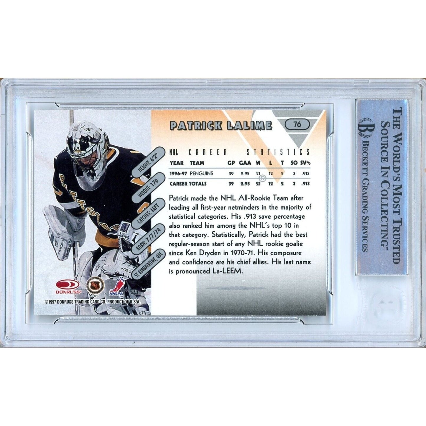 Patrick Lalime Pittsburgh Penguins Signed 1997-98 Donruss Hockey Card Beckett Auth Auto
