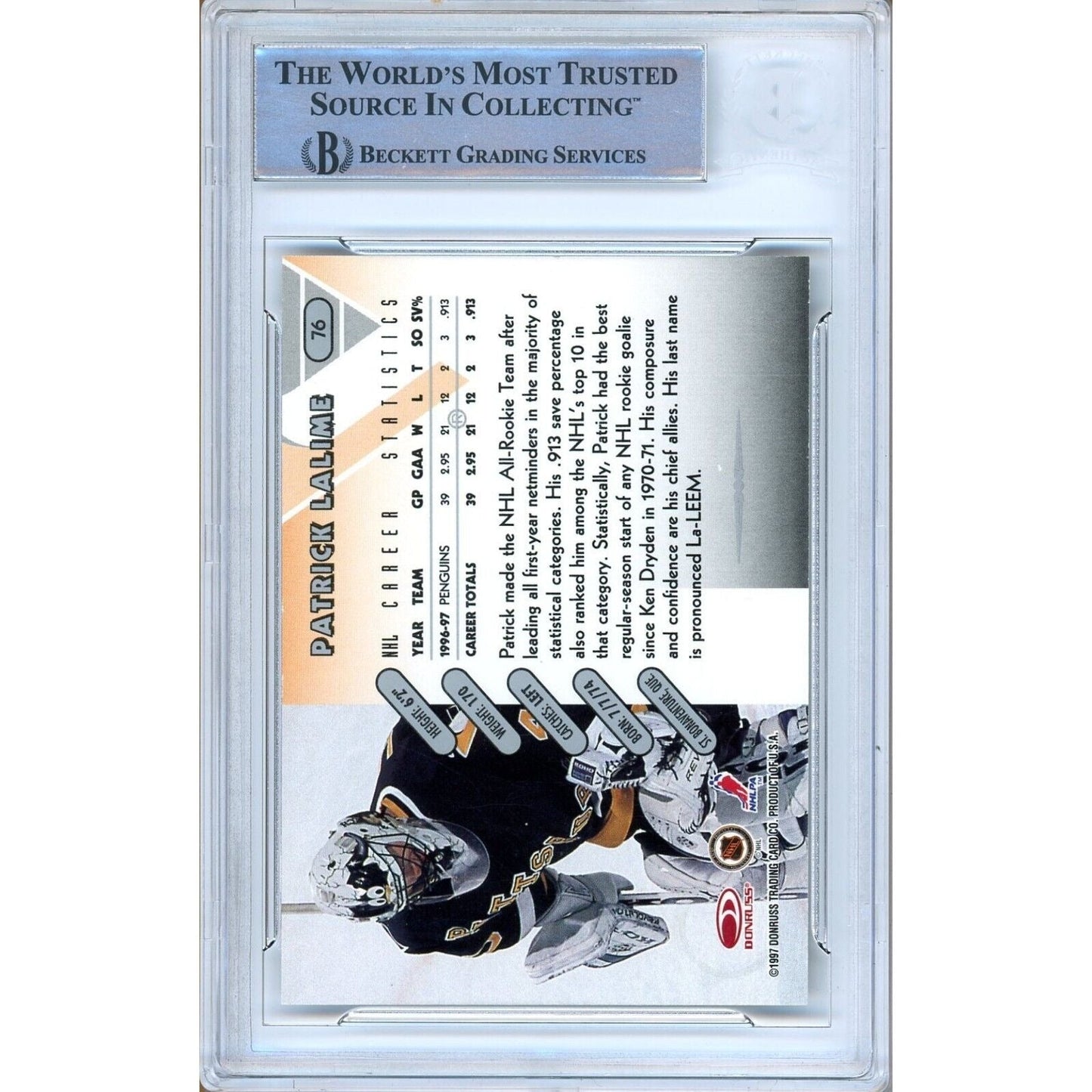 Patrick Lalime Pittsburgh Penguins Signed 1997-98 Donruss Hockey Card Beckett Auth Auto