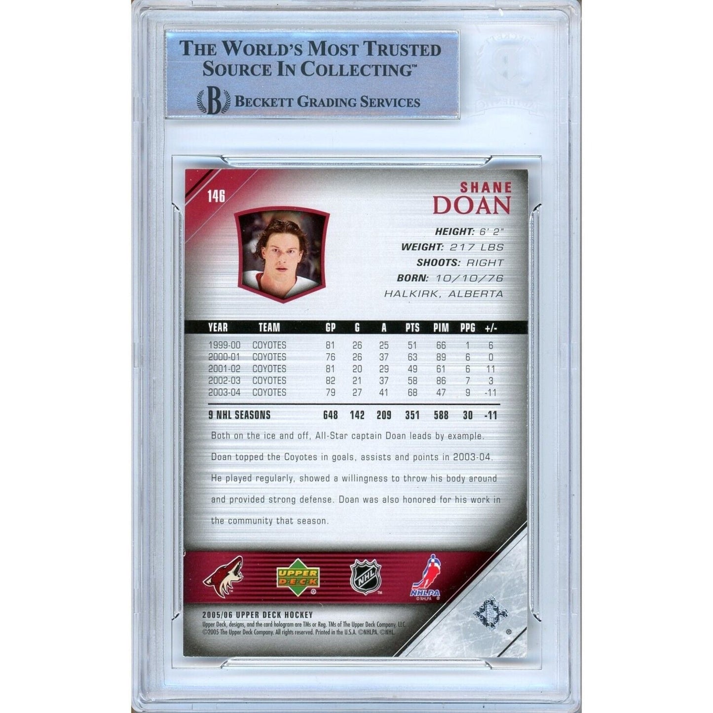 Shane Doan Arizona Coyotes Signed 2005-06 Upper Deck Hockey Card Beckett Auth Auto
