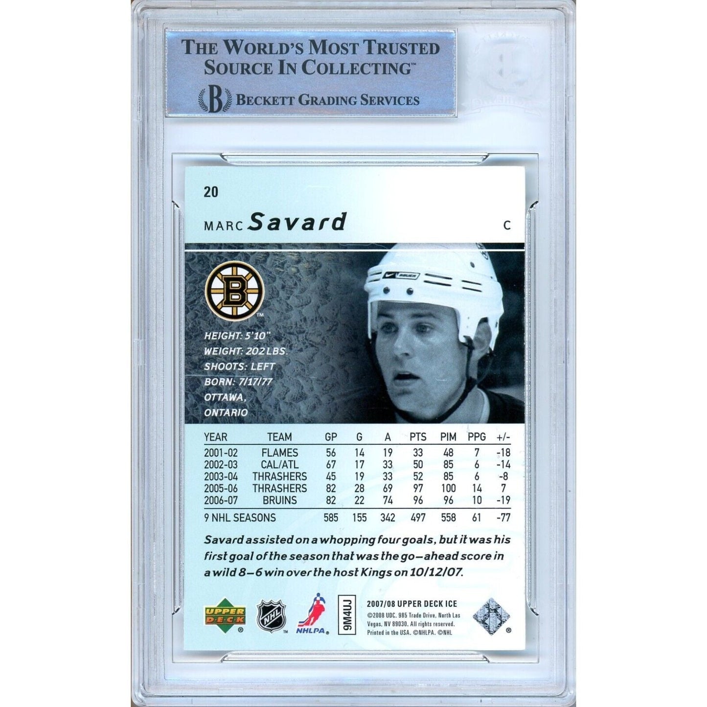 Marc Savard Boston Bruins Signed 2007-08 Upper Deck Ice Card Beckett Auth Auto Slab