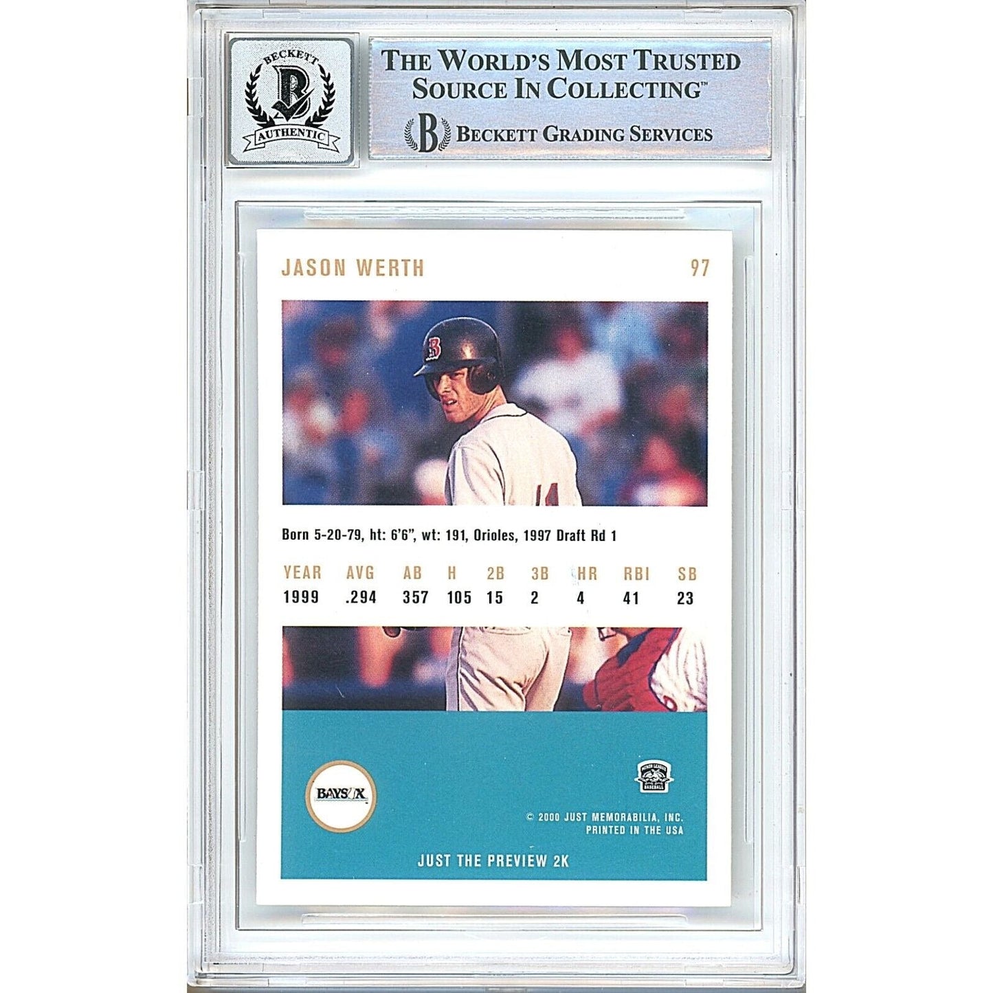 2000 Just Rookies #97 — Jayson Werth Orioles Autographed Trading Card — Beckett Authentication