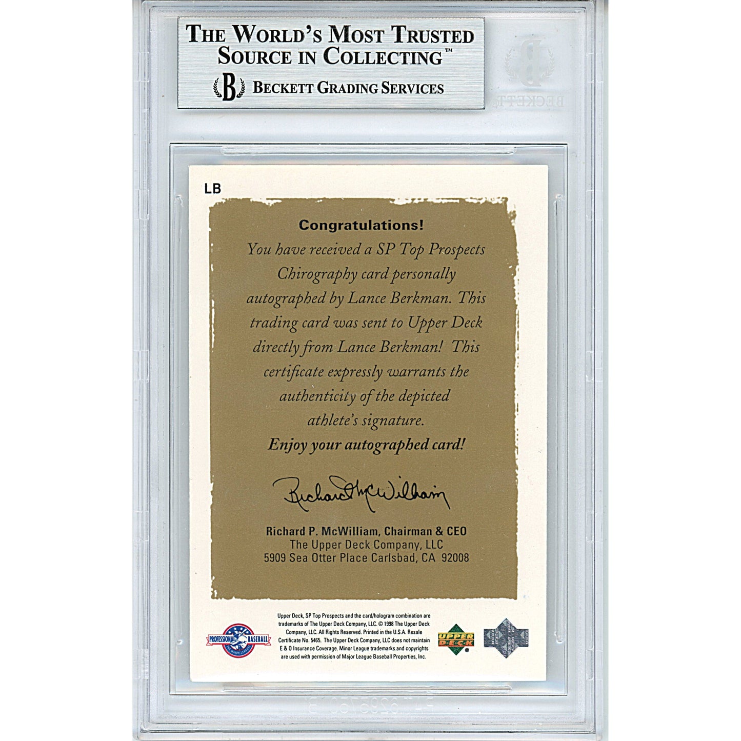 1999 Upper Deck SP Top Prospects Chirography #LB — Lance Berkman Houston Astros Autographed Trading Card — Beckett Authentication