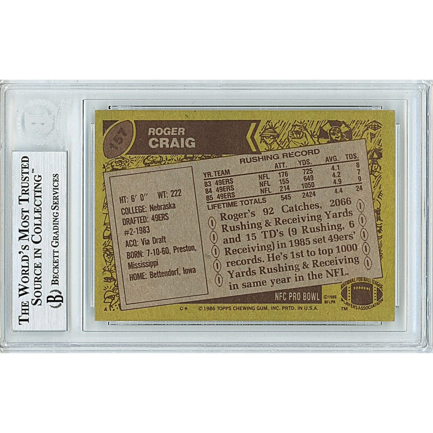 Roger Craig San Francisco 49ers Signed 1986 Topps Football Card Beckett Auth Auto Slab