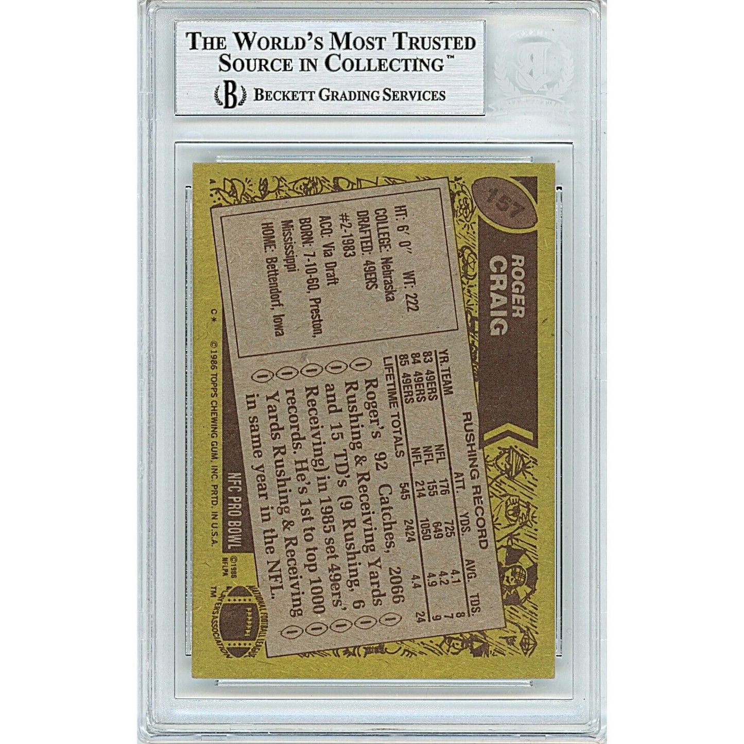 Roger Craig San Francisco 49ers Signed 1986 Topps Football Card Beckett Auth Auto Slab