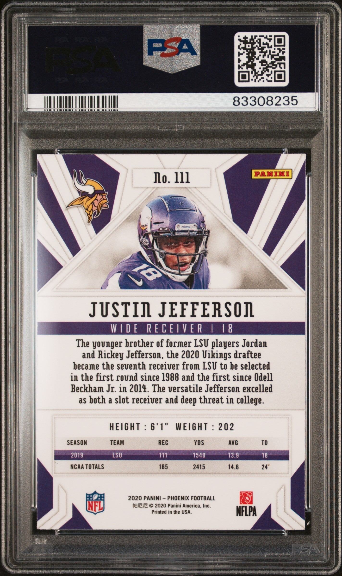 Graded 2020 Panini Phoenix Justin Jefferson #111 Fire Burst Rookie RC Football Card PSA 10 Gem Mint