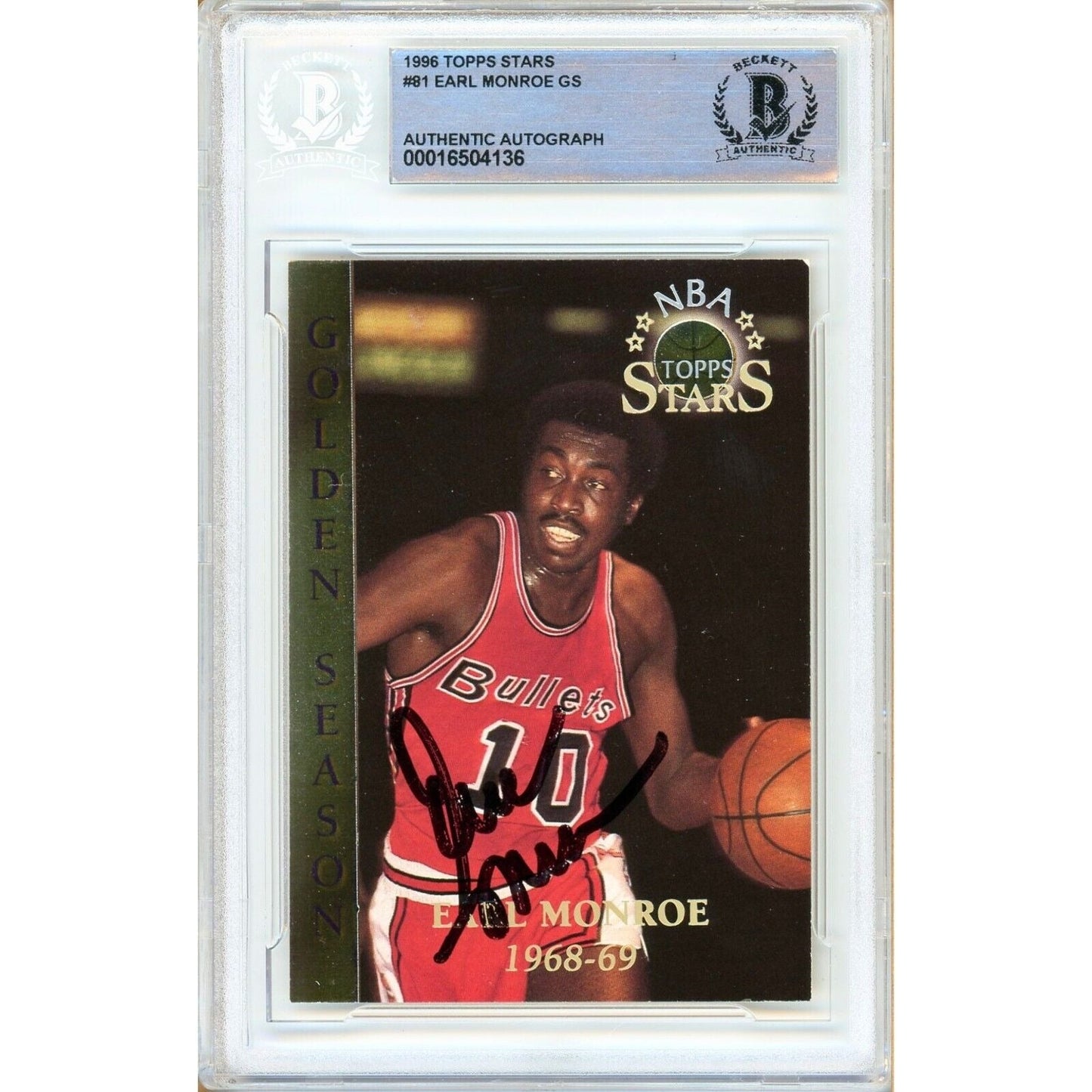 1996 Topps Stars #81 — Earl Monroe Washington Bullets Autographed Trading Card — Beckett Authentication