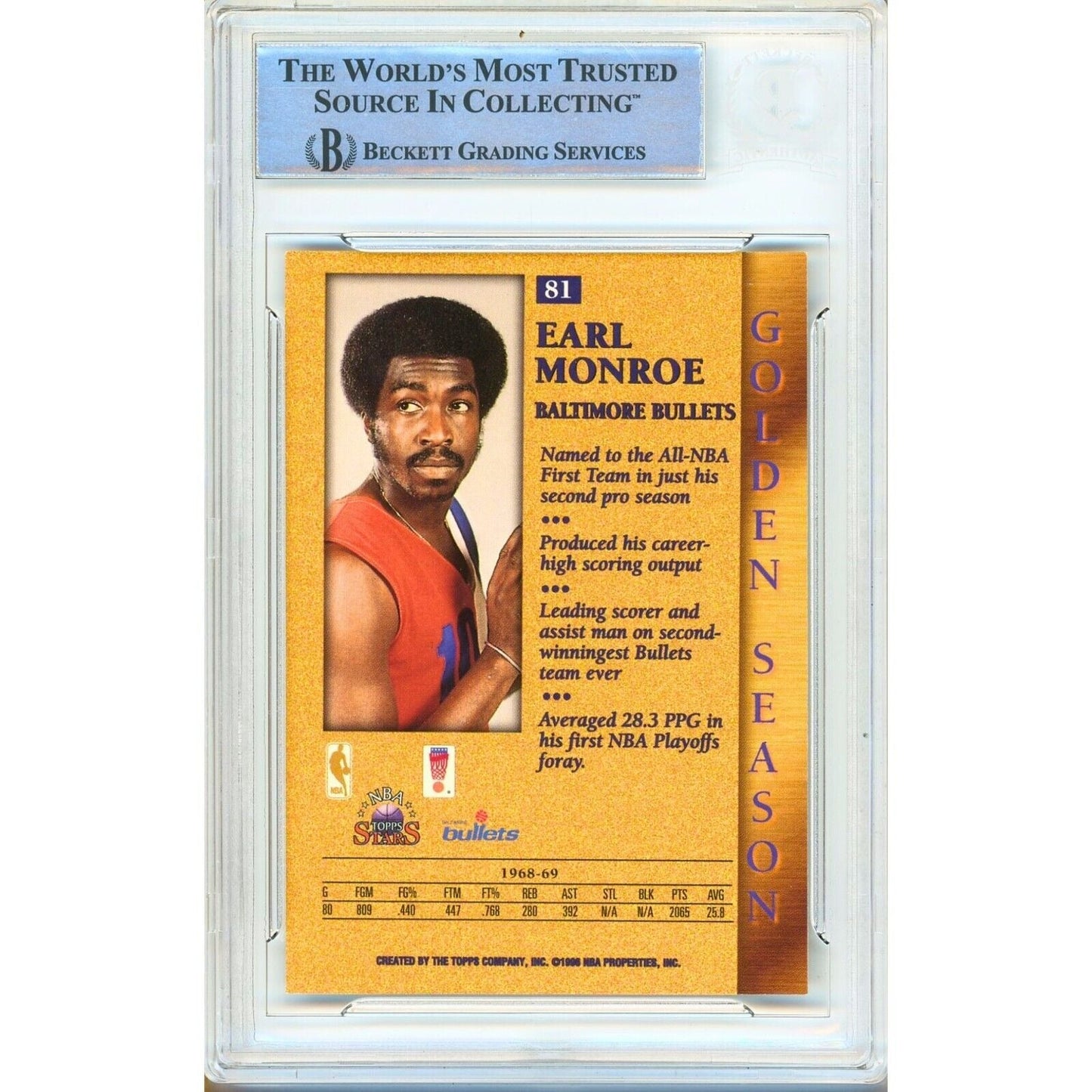 1996 Topps Stars #81 — Earl Monroe Washington Bullets Autographed Trading Card — Beckett Authentication
