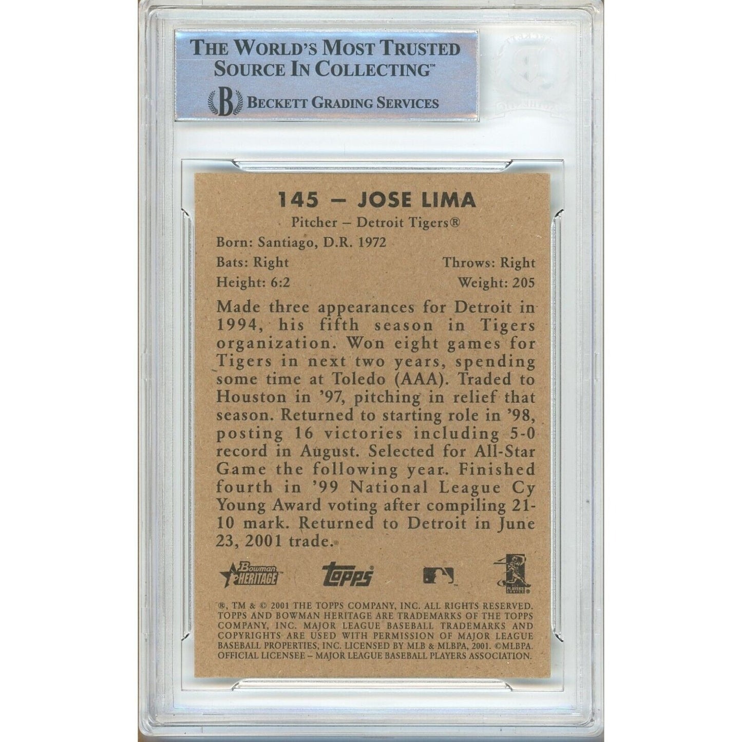 2001 Bowman Heritage #145— Jose Lima Detroit Tigers Autographed Trading Card — Beckett Authentication