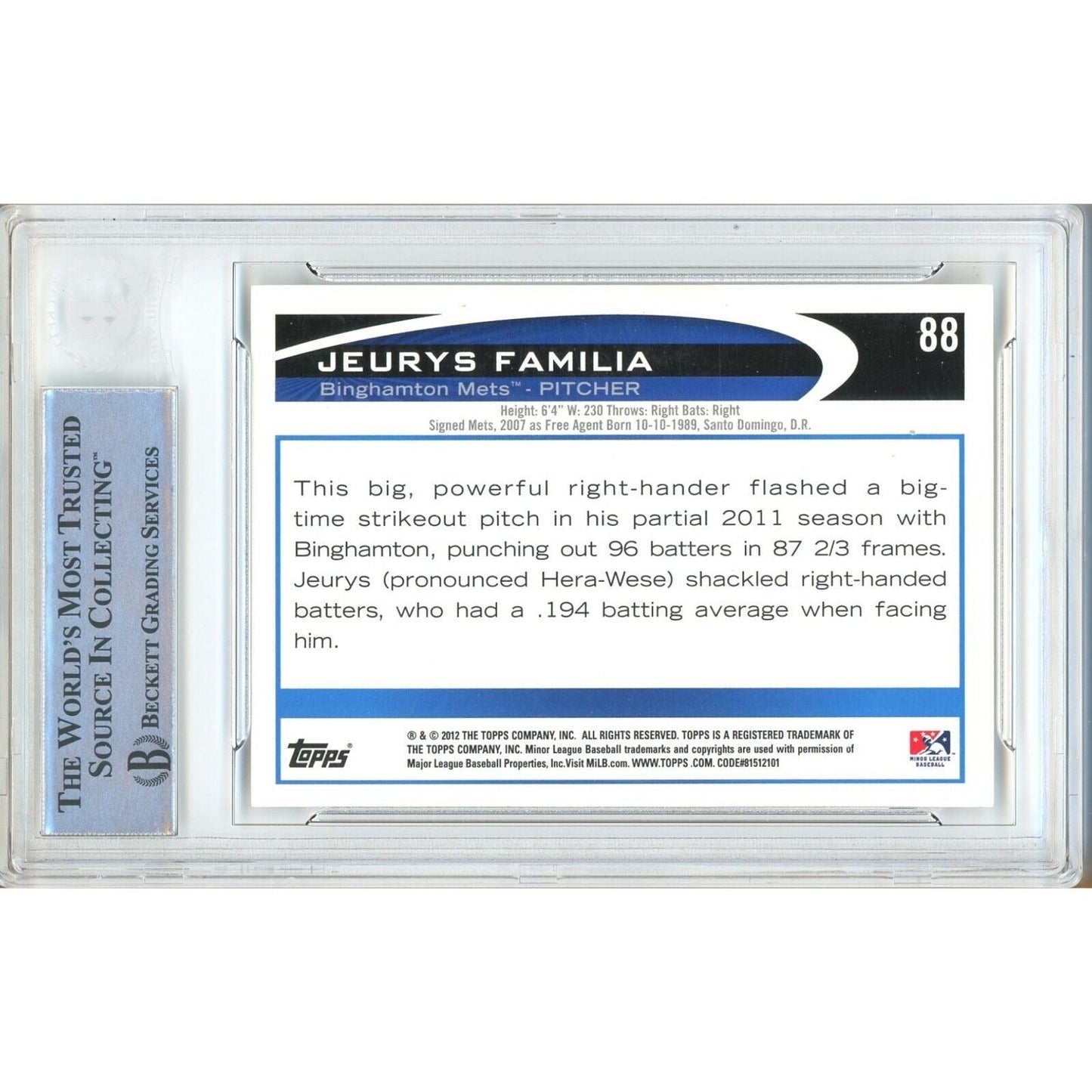2012 Topps — Jeurys Familia New York Mets New York Mets Autographed Trading Card — Beckett Authentication