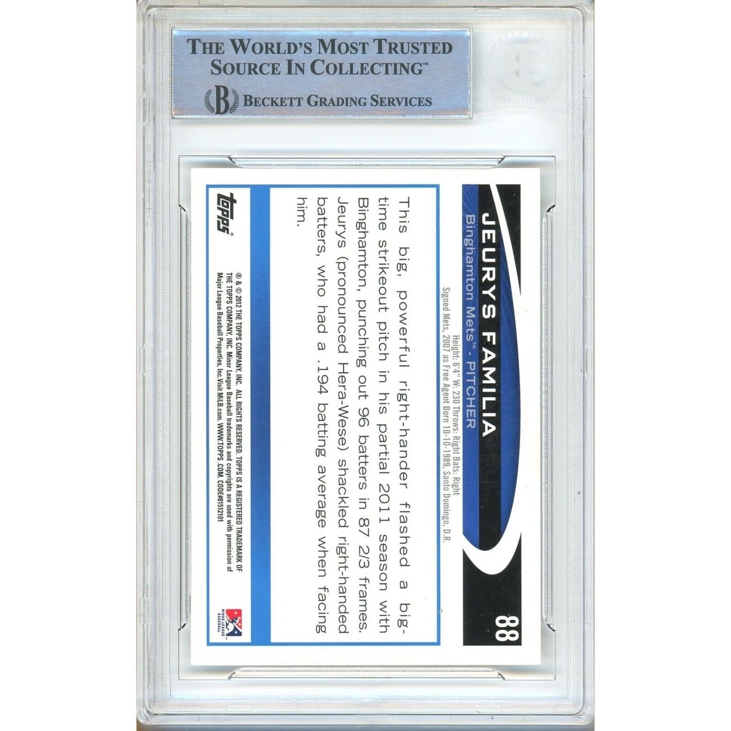 2012 Topps — Jeurys Familia New York Mets New York Mets Autographed Trading Card — Beckett Authentication