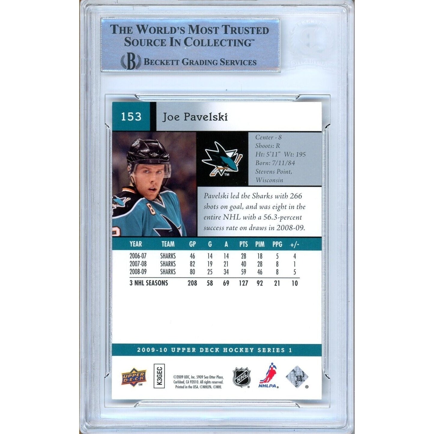 2009–10 Upper Deck #153 — Joe Pavelski San Jose Sharks Autographed Trading Card — Beckett Authentication
