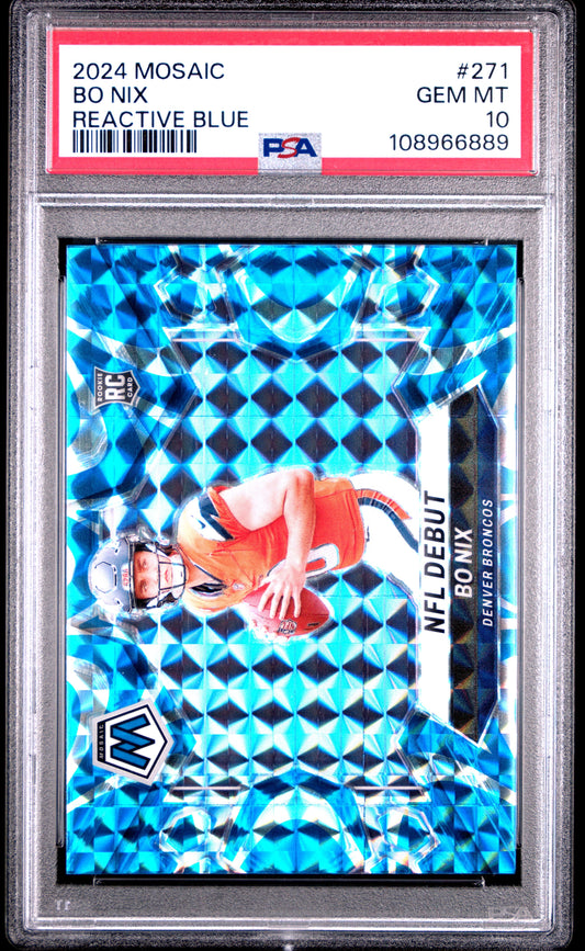 Graded 2024 Panini Mosaic Bo Nix #271 Reactive Blue Rookie RC Football Card PSA 10 Gem Mint