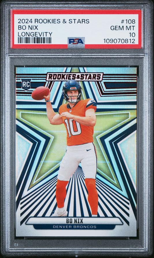 Graded 2024 Panini Rookies & Stars Bo Nix #108 Longevity RC Football Card PSA 10 Gem Mint