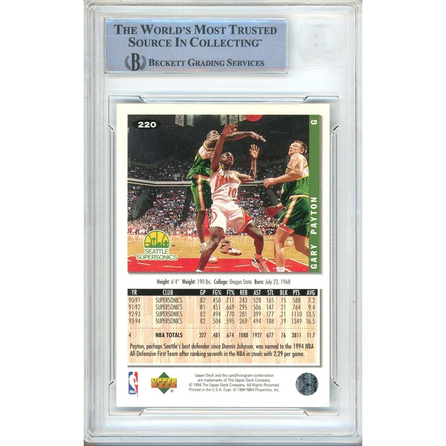 1994-95 UD Collectors Choice #220 — Gary Payton Seattle Supersonics Autographed Trading Card — Beckett Authentication