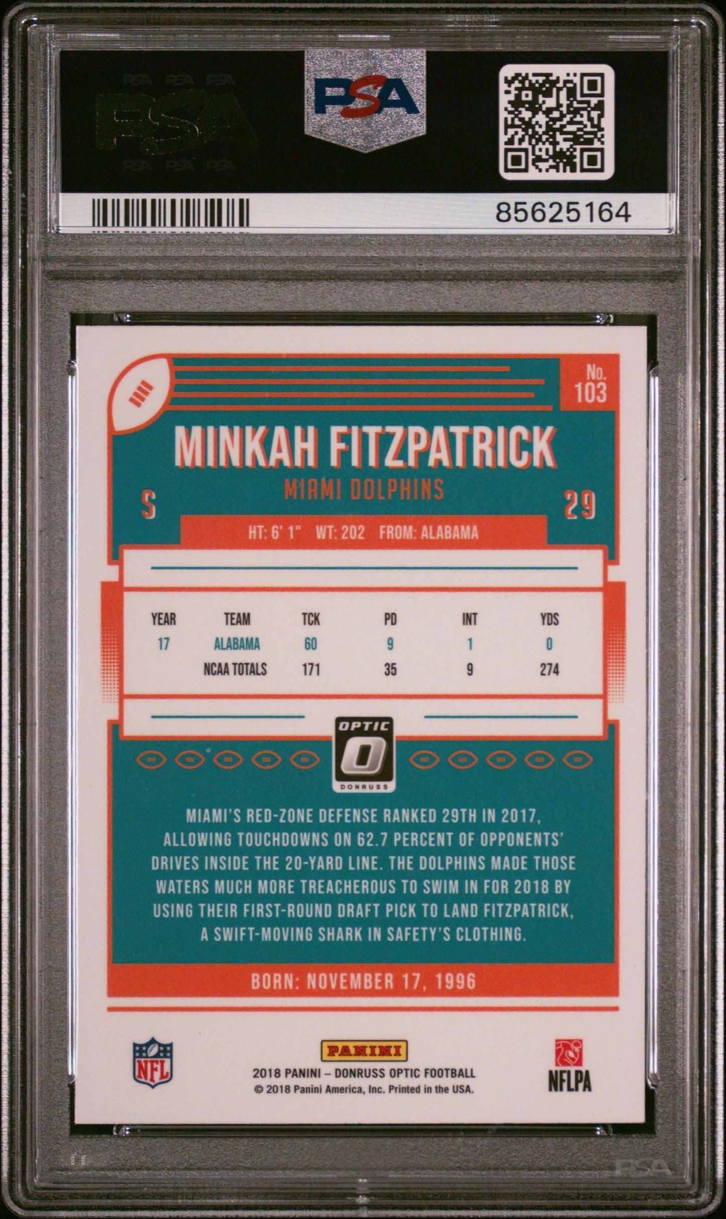 Graded 2018 Panini Donruss Optic Minkah Fitzpatrick #103 Rookie RC Football Card PSA 9 Mint