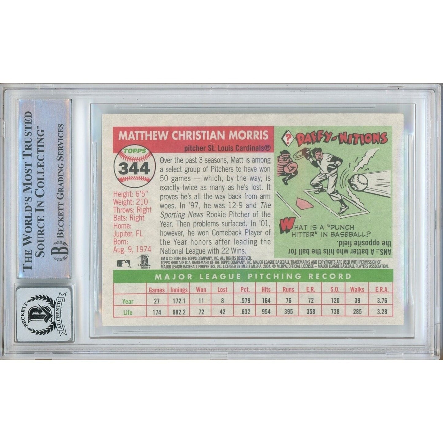 Matt Morris St Louis Cardinals Signed 2004 Topps Heritage Card BGS Auto 10 Graded Slab