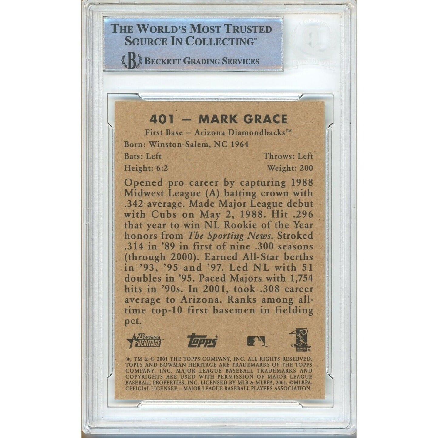 Mark Grace AZ Diamondbacks Signed 2001 Bowman Heritage Card Beckett Auth Auto Slab