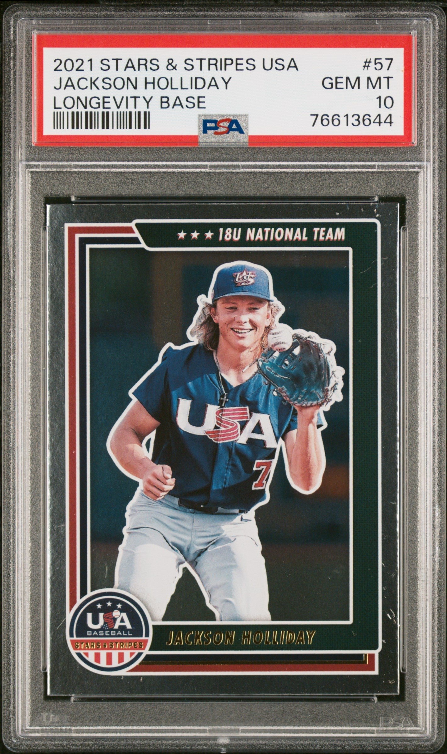 Graded 2021 Panini Stars & Stripes USA Jackson Holliday #57 Longevity Base Rookie RC Baseball Card PSA 10 Gem Mint