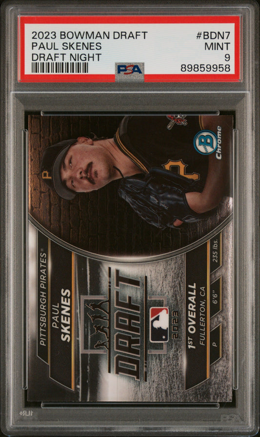 Graded 2023 Topps Bowman Draft Paul Skenes #BDN7 Draft Night Rookie RC Baseball Card PSA 9 Mint