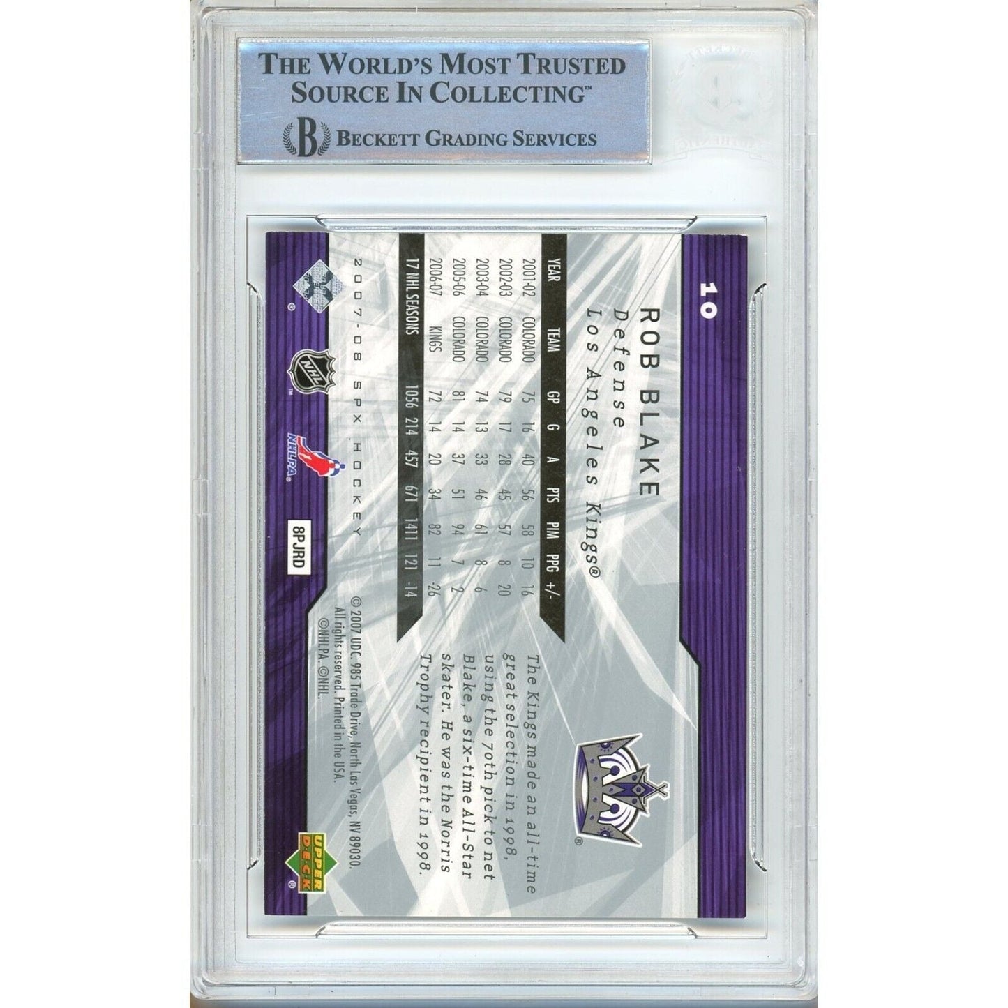 Rob Blake Los Angeles Kings Signed 2007-08 SPx Hockey Card Beckett Authentic Auto Slab